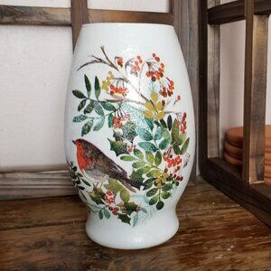 Robins & Holly Berries Glass Vase, Painted Decoupaged Vase, 7 Inch Height